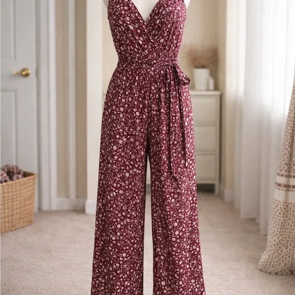 Kaileigh Burgundy Floral Jumpsuit Sz SM - Picture 1 of 6